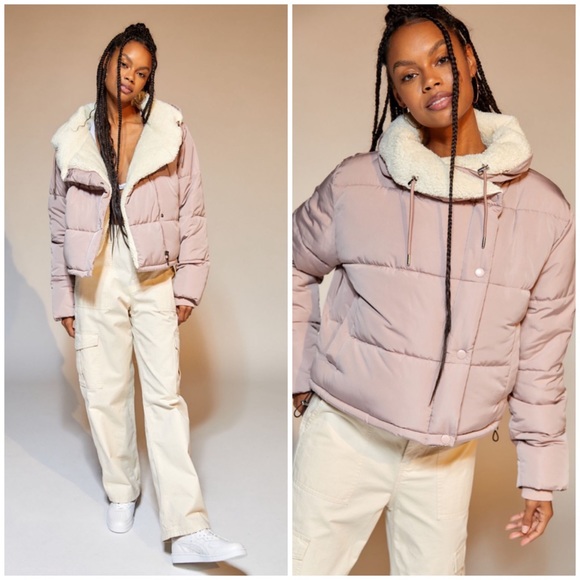 Rose Pink Fleece Lined Wide Collar Puffer Coat Jacket - Picture 3 of 8